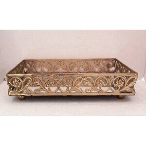 Footed Mirror Tray LG Gold Vanity Filigree Scroll Floral 14" x 9" x 3.5" LUXURY